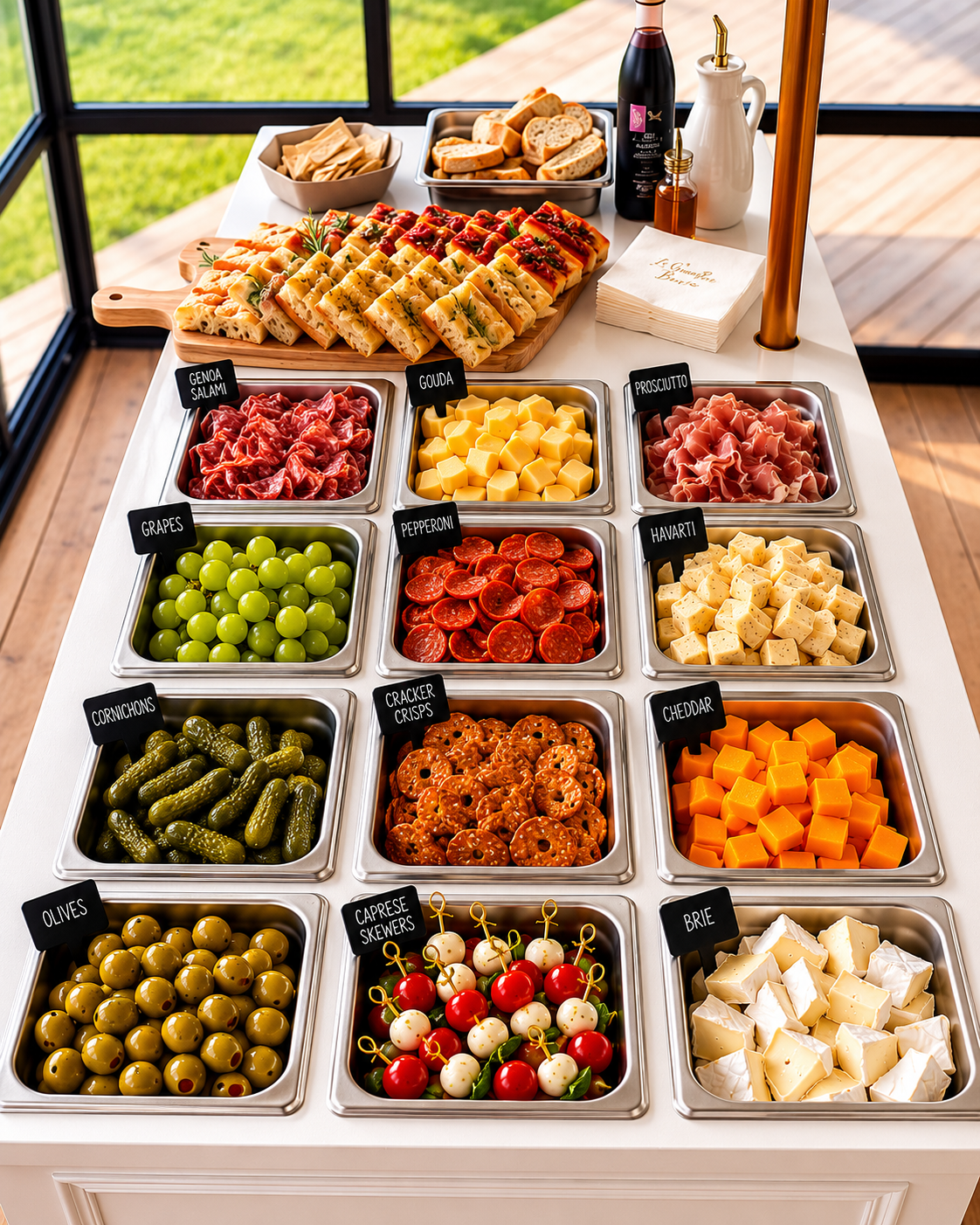 Overhead charcuterie cart display with artisan cheeses, meats and accompaniments