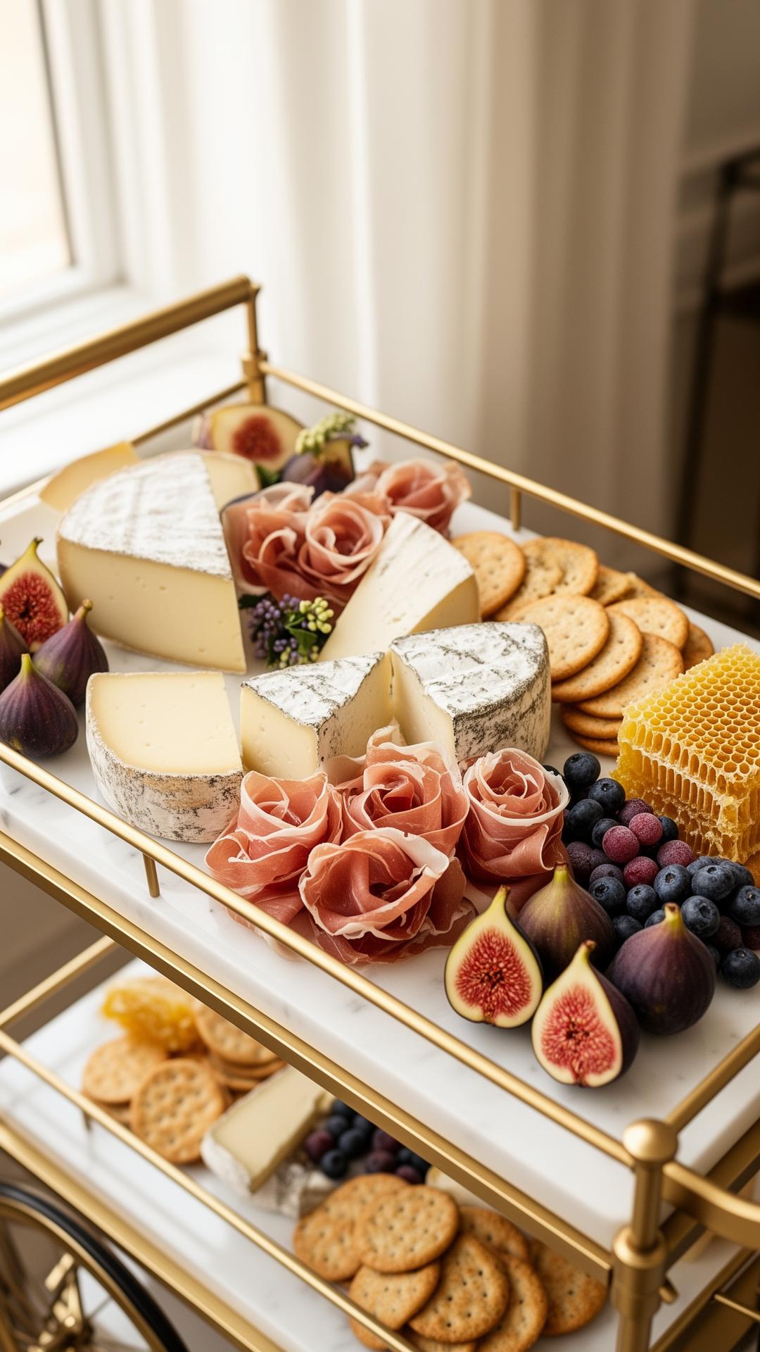 Premium charcuterie cart with artisan cheeses, prosciutto, figs and honeycomb